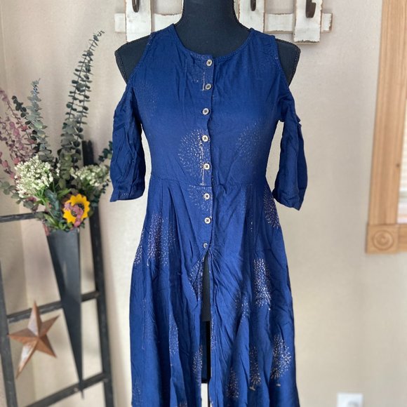 4/$20 Sassafras Navy Dandelion Cold Shoulder Full Button Up Dress S - Picture 1 of 11